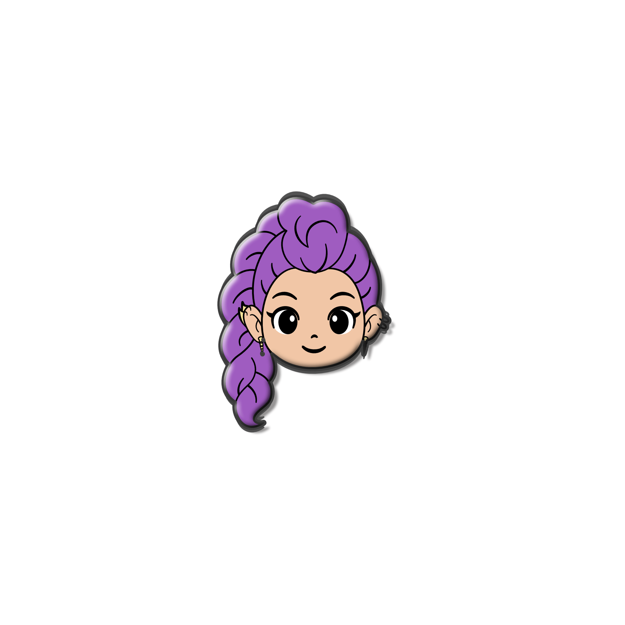 Chibi-style mini enamel pin of a girl with long braided purple hair, elf ears, and piercings, inspired by K-pop and demon hunter aesthetics.