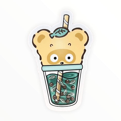 Cute Leaf Bear Boba Sticker (#271) - Artistic Flavorz