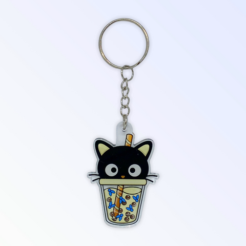 Cute Black Cat Boba Acrylic Keychain (#160)